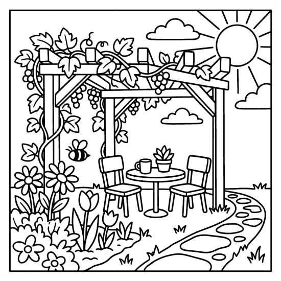 Vine draped pergola over a round table and two chairs beside a flower bed, coloring page