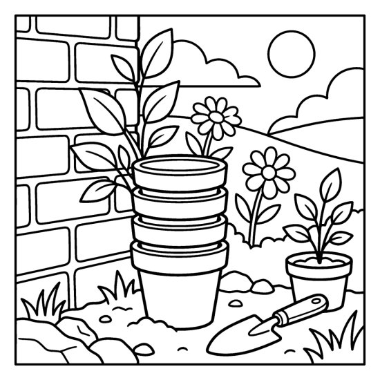 Stack of empty terracotta pots by a brick wall with a small plant and trowel, coloring sheet