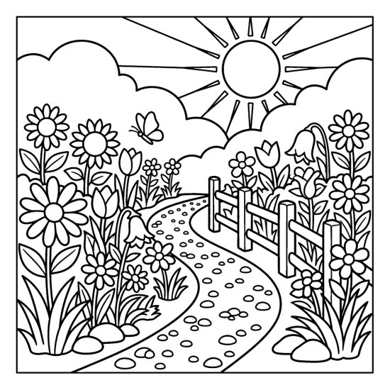 Curving gravel path winding between deep beds of mixed flowers by a fence, coloring page