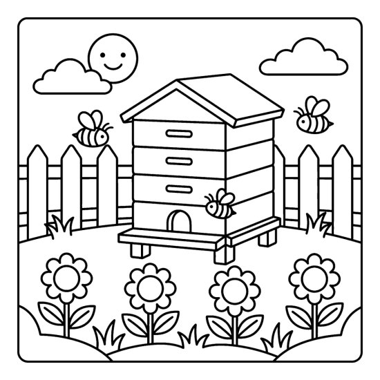 Boxy beehive with a few bees around it among flowers behind a picket fence, coloring page