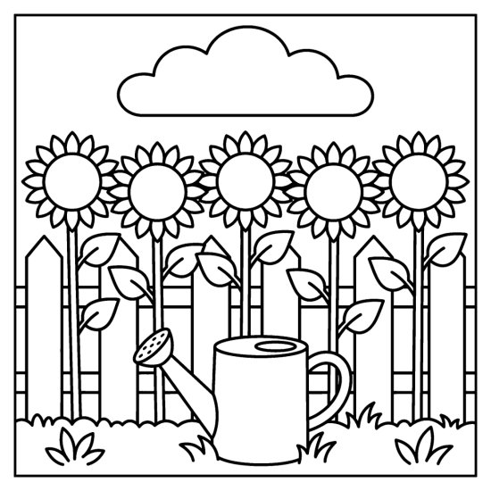 Row of tall sunflowers with round centers along a fence above a watering can, coloring sheet