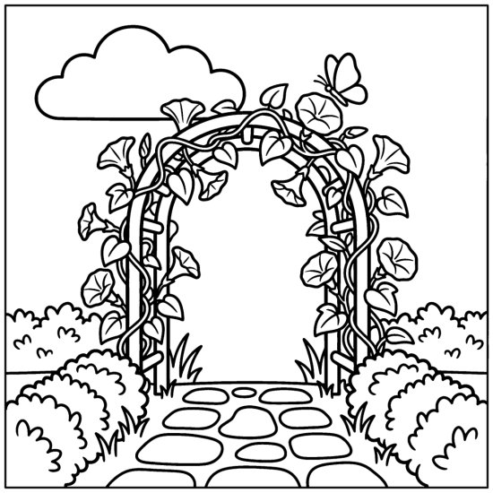 Garden archway covered in morning glory flowers over a stone path, coloring sheet
