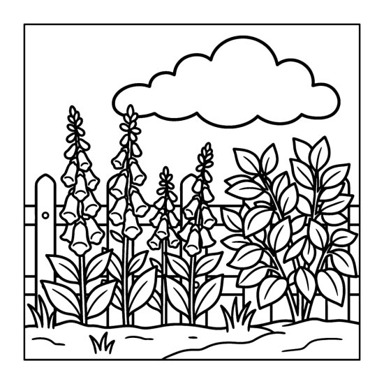Border of tall foxglove spikes with bell flowers beside a leafy bush, coloring page