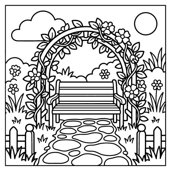 Garden bench under a flowering arbor with a stone path in front, coloring sheet
