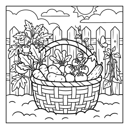 Woven basket brimming with freshly picked vegetables on the soil by a fence, coloring page