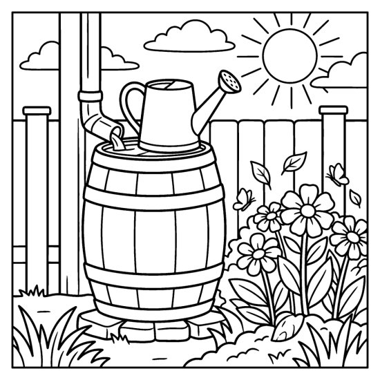 Wooden rain barrel by a downspout with a watering can resting on top, coloring sheet