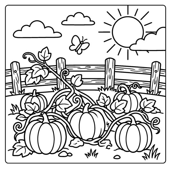 Pumpkin patch with round pumpkins on sprawling leafy vines by a fence, coloring page