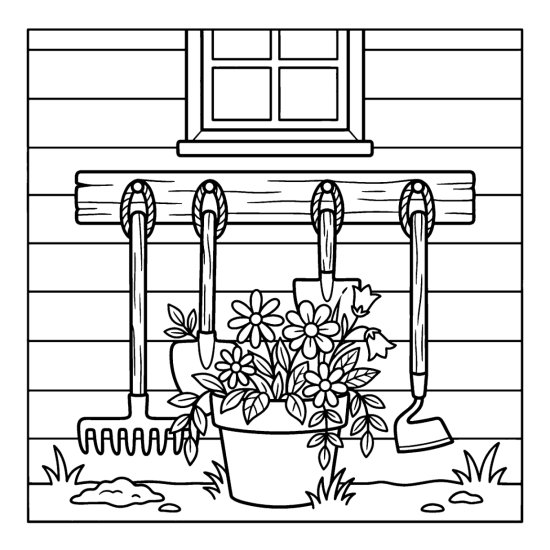 Garden tools, a rake, spade and hoe, hanging on a plank wall above a flower pot, coloring sheet