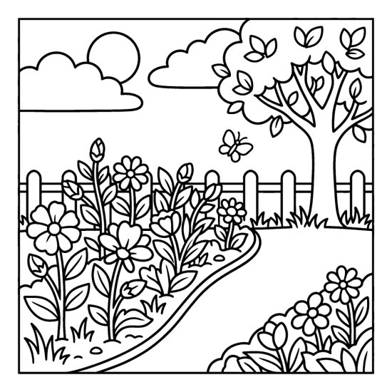 Long curved flower border full of mixed blooms beside a lawn and a tree, coloring page