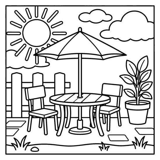 Round patio table with an open umbrella and two chairs beside a potted plant, coloring sheet