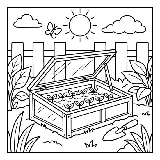 Low cold frame with its glass lid propped open over rows of seedlings, coloring page