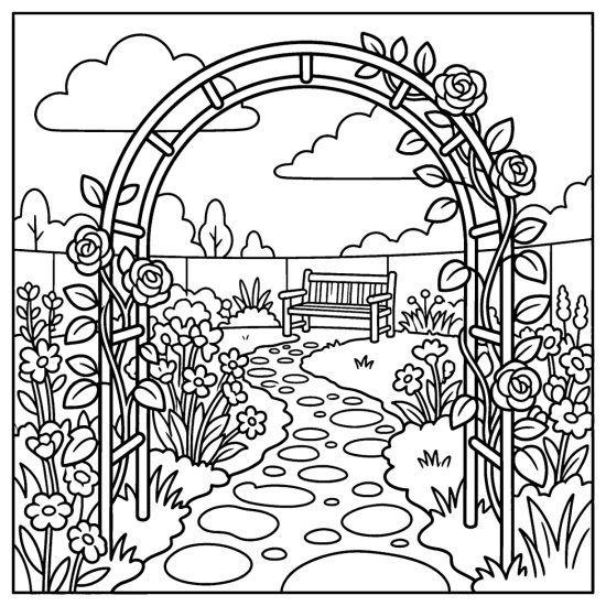 Metal garden arch over a gravel path with flowers on both sides and a bench, coloring sheet