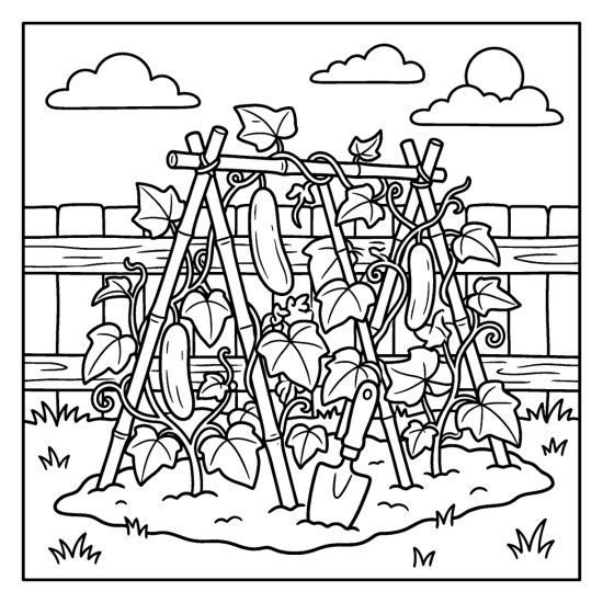 Cucumber plants climbing a low A frame of canes in a vegetable bed, coloring page