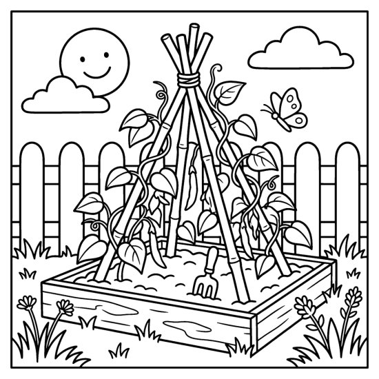 Teepee of tall canes with climbing bean plants in a raised bed by a fence, coloring page