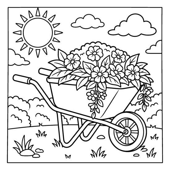 Wheelbarrow planted with cascading flowers sitting on a lawn under the sun, coloring sheet