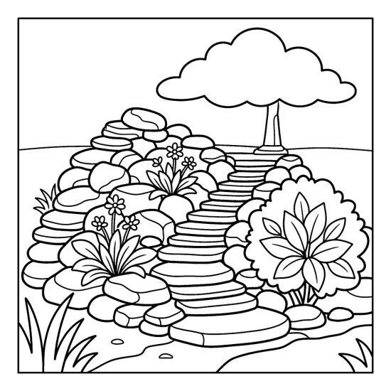Rock garden of stacked stones with alpine plants and steps leading up, coloring page