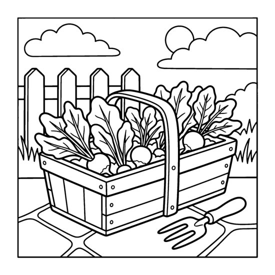 Wooden trug planter full of salad leaves and round radishes on a patio, coloring sheet