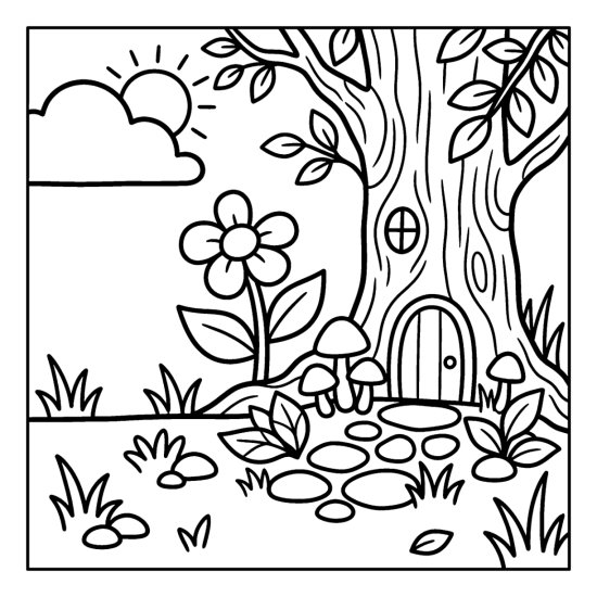 Miniature fairy garden with tiny toadstools and a little door at a tree base, coloring sheet