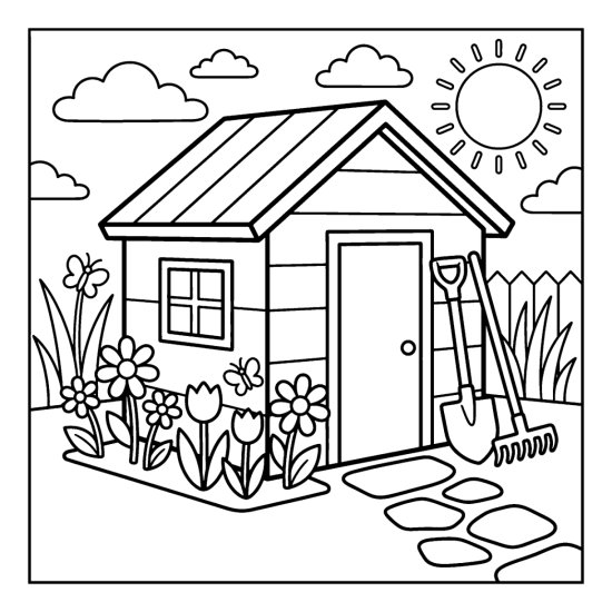Little garden shed with tools leaning by the door and a flower bed in front, coloring sheet