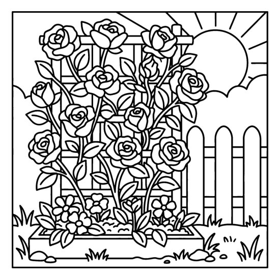 Tall trellis covered in climbing roses above a flower bed by a picket fence, coloring page