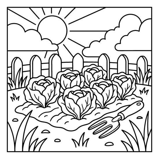 Bed of round leafy lettuces with a hand fork beside them and a fence behind, coloring page