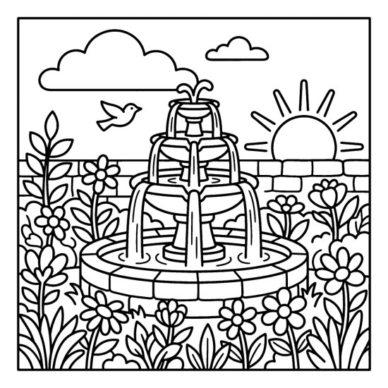 Tiered stone fountain spilling water into a basin among flower beds, coloring sheet