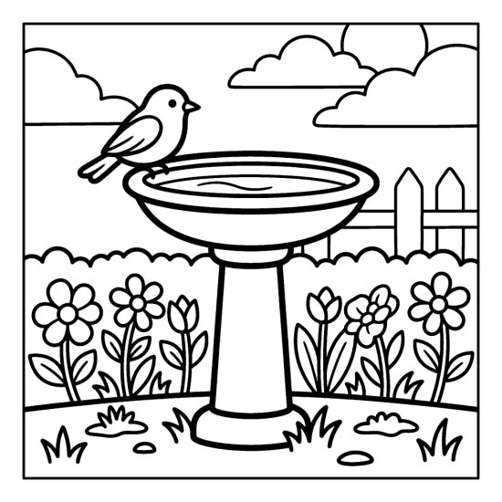 Pedestal bird bath with a little bird on the rim above a flower bed, coloring page