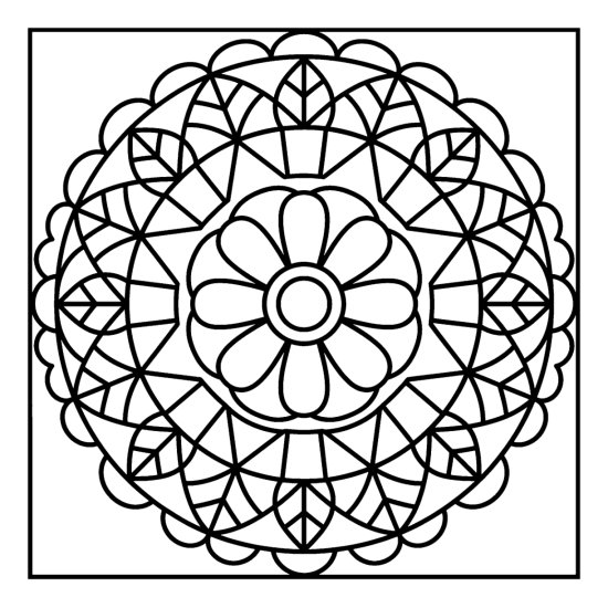 A round mandala with a big petal flower center and layered scalloped rings, mandala
