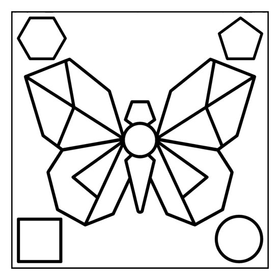 A symmetrical low poly butterfly with faceted wings and simple corner shapes, coloring page