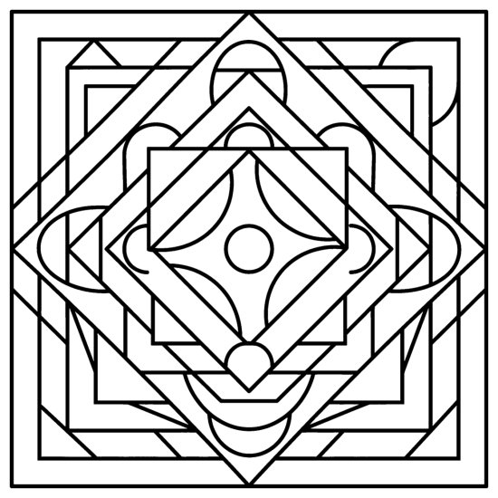 A square mandala of rotated concentric squares, triangles and semicircles, mandala