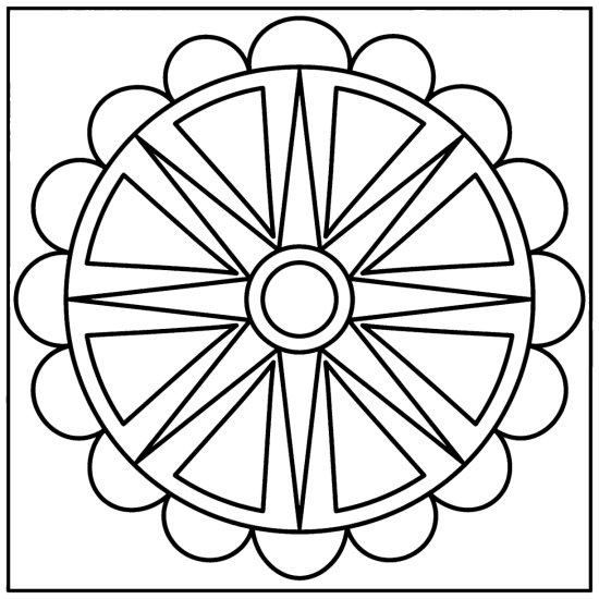 A radial sunburst medallion with wide open rays and a scalloped ring, coloring sheet