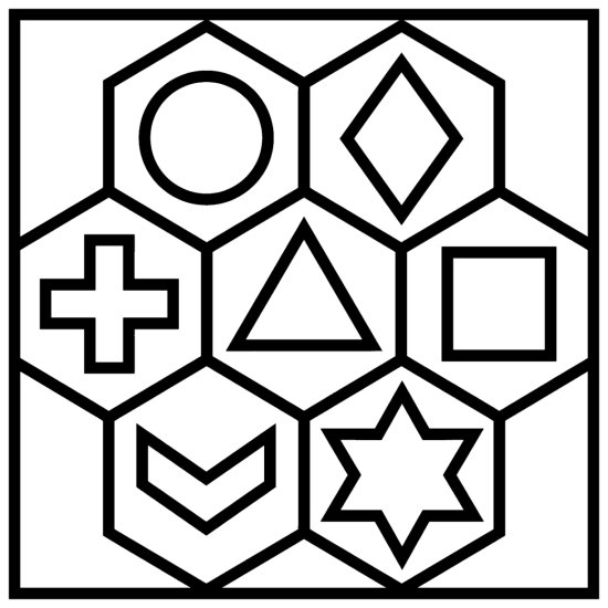 A honeycomb of large hexagons each holding one simple bold shape, bold and easy