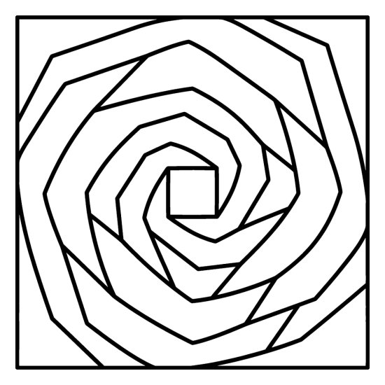 A big angular geometric spiral coiling out from an open center square, bold and easy