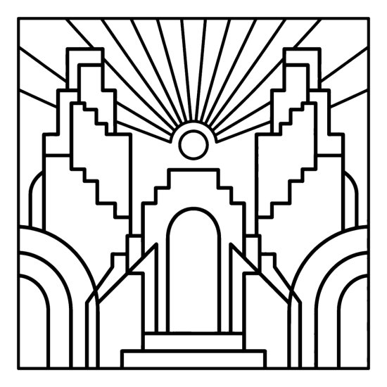 Art deco stepped towers, arches and a rising sunburst in bold lines, coloring sheet