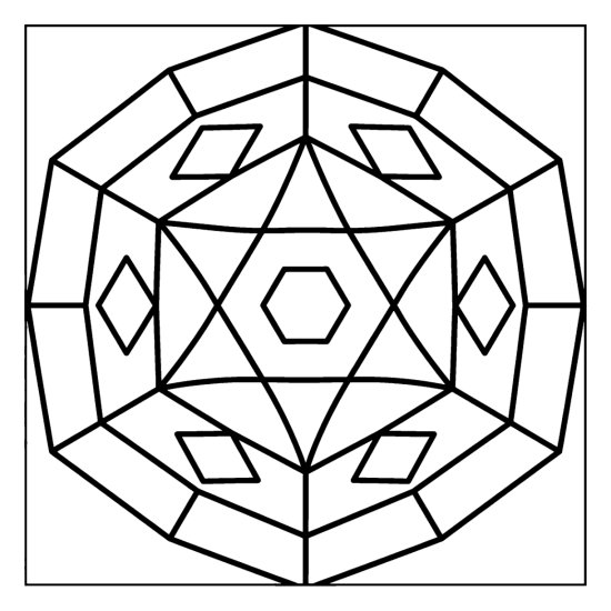Concentric hexagons with large triangles and diamonds around a small open center, bold and easy