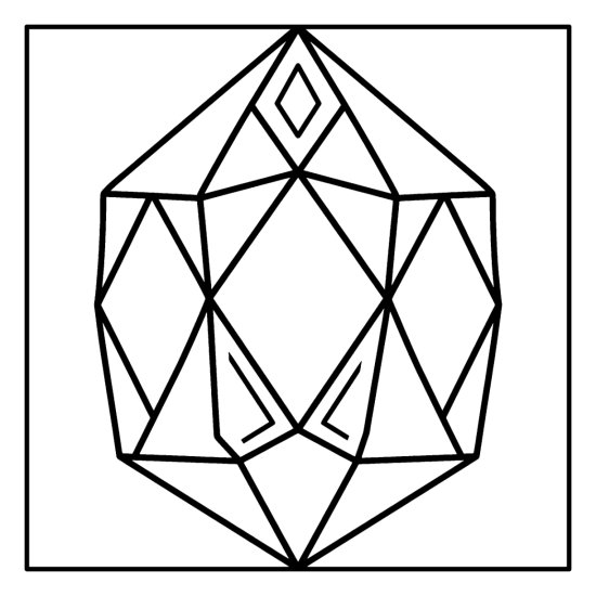 A large faceted gemstone crystal built from big open geometric facets, bold and easy