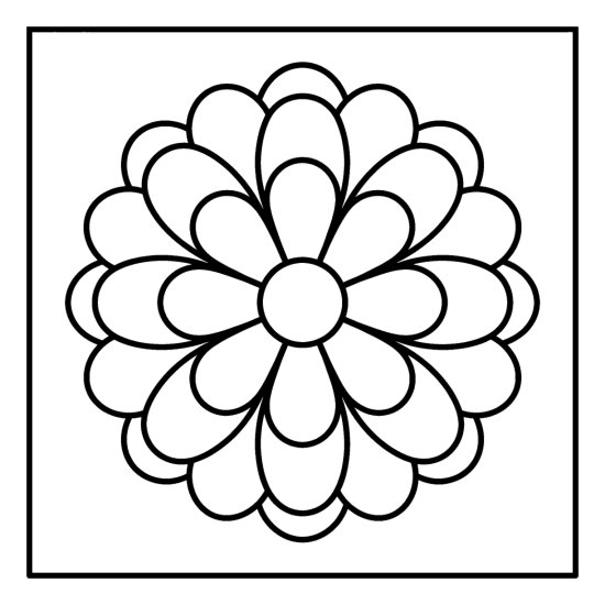 A sixteen petal rosette of big rounded petals in two rings around an open hub, mandala