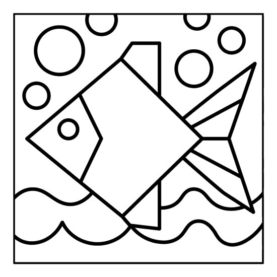 A low poly fish with a faceted body among round bubbles and simple waves, coloring page