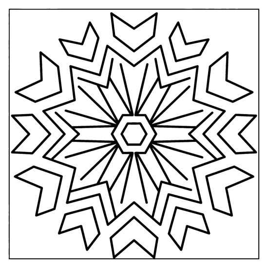 A six fold geometric snowflake with big angular arms around an open hub, coloring page
