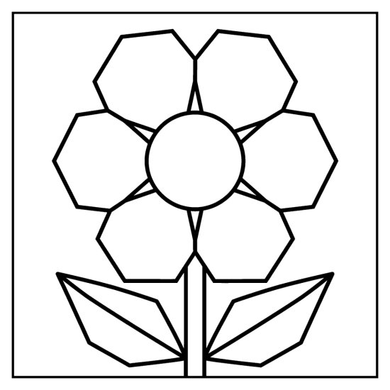 A big flower with geometric faceted petals, a round center and two leaves, coloring sheet