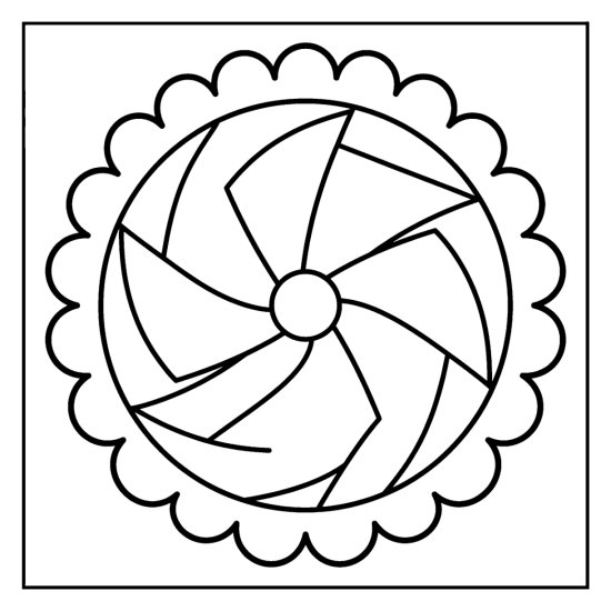 A geometric pinwheel with big rotating blades and a scalloped ring, mandala