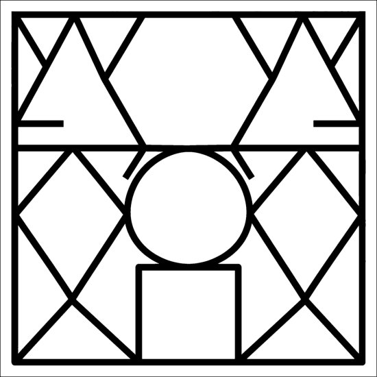 A mosaic of a few large shapes, a circle, hexagon, triangle and square, coloring page