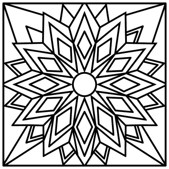 A twelve point star medallion with concentric diamonds and rays around an open hub, mandala
