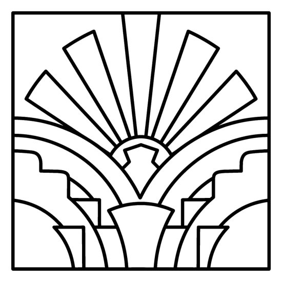 easy geometric coloring pages with a bold art deco fan sunburst over stepped arches, bold and easy