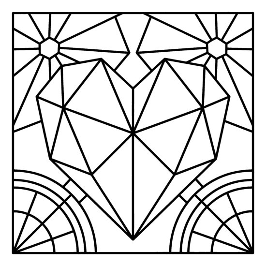 A low poly heart built from big triangular facets with small corner sunbursts, coloring page