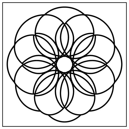Overlapping circles form a big flower of life with large open petals, mandala