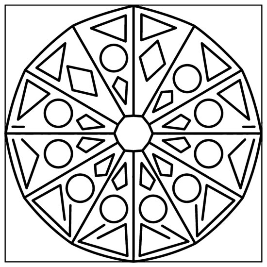 A six segment kaleidoscope with circles, triangles and diamonds around an open octagon, coloring sheet