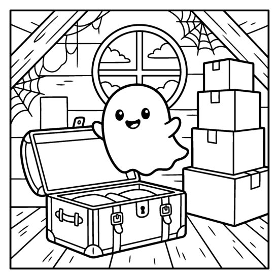 Cute ghost floating above an open trunk in a dusty attic with boxes, coloring page