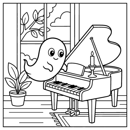 Ghost hovering over the keys of a grand piano in a parlor, bold and easy