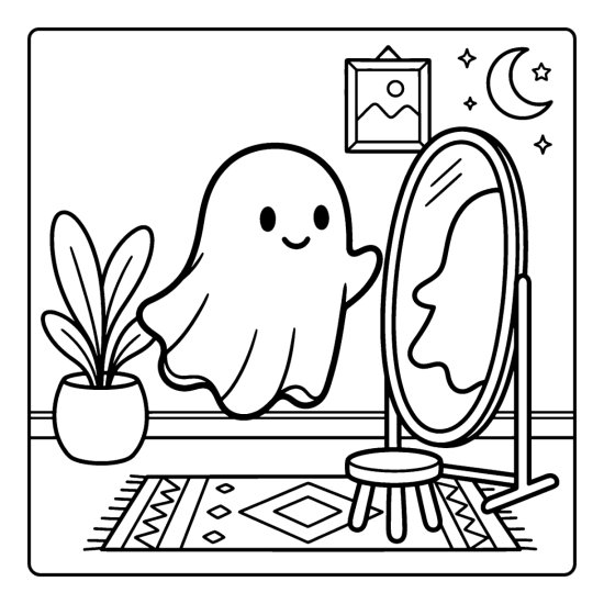 Ghost floating before a tall oval standing mirror above a rug, coloring page